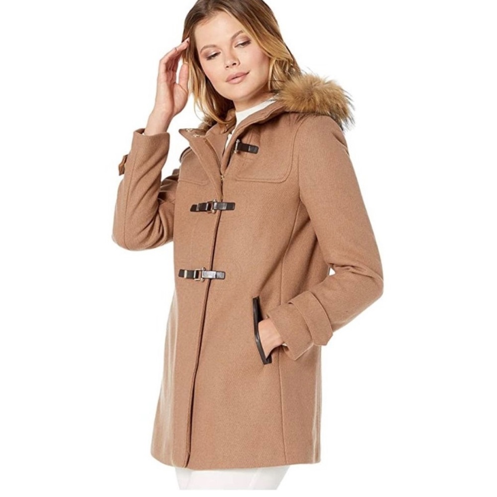 Womens Size 6 Cole Haan Faux Fur-Trim Hooded Coat